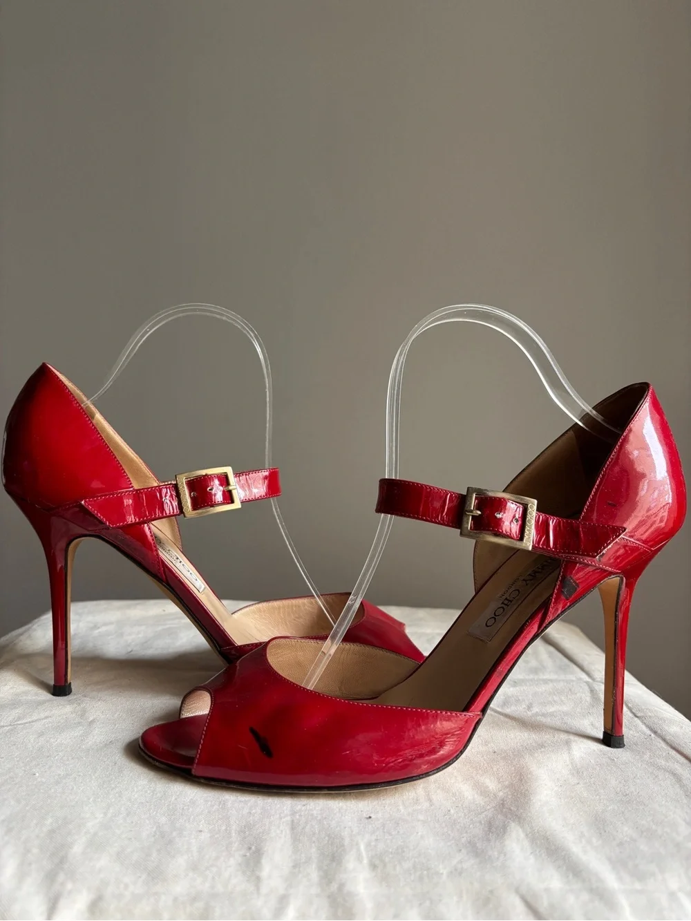 Jimmy Choo Peep Toe Stiletto Heels Red Patent Leather Mary Jane EU 41 US 10